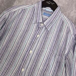 Toscana Aqua Patrick Assaraf Mens XL Linen Striped Button Down Shirt Purple Blue